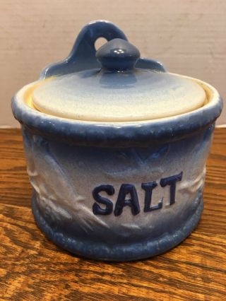 Ec Old Vintage Stoneware Blue White Salt Box Love Bird Wall Mount Counter Top
