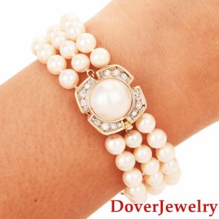 Estate Diamond Pearl 14k Yellow Gold Two - Strand Flower Bracelet 31.  8 Grams Nr