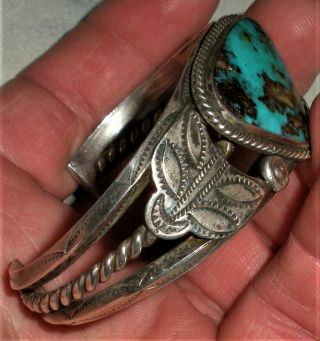 Antique C.  1930 Navajo Coin Silver Bracelet Great Turquoise Dragonfly Stamps Vafo