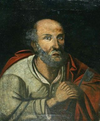 Antique Baroque Oil Painting On Canvas " Portrait Of Saint Peter " 1600 - 1700
