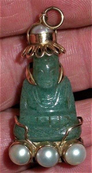 Antique C.  1920 Art Nouveau 14k Gold Jade & Pearl Buddha Pendant Charm Vafo