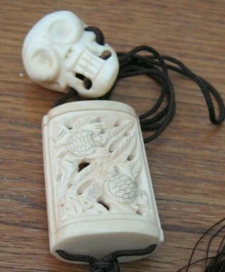 Hand Carved Bovine Bone Inro With Unusual Skull Netsuke Momento Mori