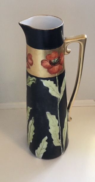 Early Favorite Bavaria Unique Black & Floral Hand Painted Tall Pitcher/ewer
