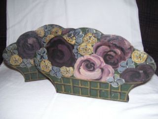 2 Vintage Antique English Tole Metal Bookends Handpainted Flowers In Baskets