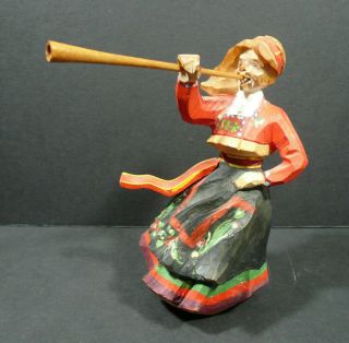 Vintage Hand Carved Wood Figure Woman Blowing Horn Made In Norway