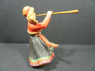 Vintage Hand Carved Wood Figure Woman Blowing Horn Made in Norway 3