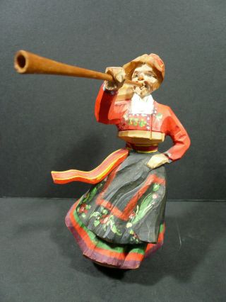 Vintage Hand Carved Wood Figure Woman Blowing Horn Made in Norway 4