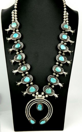 Old Pawn Vtg Navajo Turquoise Squash Blossom Naja Sterling Bench Bead Necklace