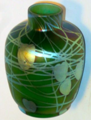 Rare Arts & Crafts Steuben Decorated Green Aurene 550 Vase 3
