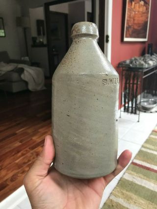 Mid 19th S.  Wilson Marked Ellenville York Fat Salt Glazed Stoneware Bottle 2