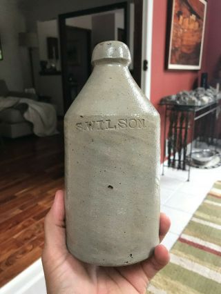 Mid 19th S.  Wilson Marked Ellenville York Fat Salt Glazed Stoneware Bottle 5