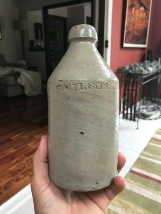 Mid 19th S.  Wilson Marked Ellenville York Fat Salt Glazed Stoneware Bottle 8