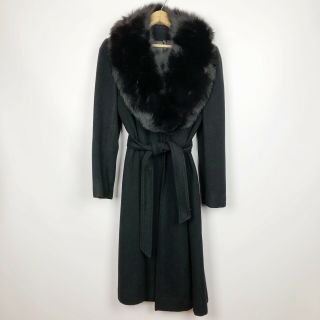 Regency Womens Size 6 Vintage Luxury Cashmere Black Fox Fur Collar Belted Coat
