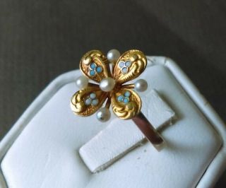Victorian Antique 14k Yellow Gold Ring With Pearls and Blue Enamel Sz 6.  75 2