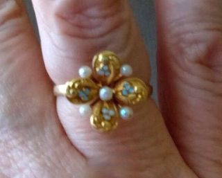 Victorian Antique 14k Yellow Gold Ring With Pearls and Blue Enamel Sz 6.  75 4