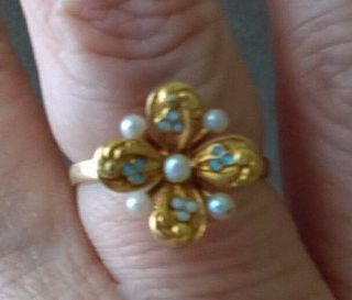 Victorian Antique 14k Yellow Gold Ring With Pearls and Blue Enamel Sz 6.  75 6