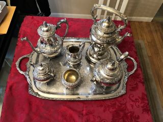 7 Piece Rogers Bros 1847 Silverplate Heritage Tea Set Coffee Tray Floral Footed