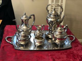 7 Piece Rogers Bros 1847 Silverplate Heritage Tea Set Coffee Tray Floral Footed 2