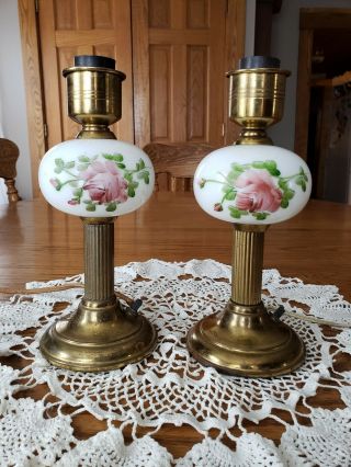 Antique Victorian Brass Hand Painted Roses Milk Glass Column Table Bedside Lamps