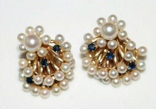 Vintage 14k Gold Cultured Pearl Cluster & Sapphire Clip Earrings,  11.  6 Grams