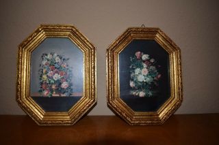 2 Vintage Italian Florentine Floral Wood Pictures