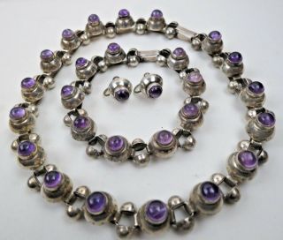 Deco 1920s Mexican Sterling Silver Amethyst Parure Necklace Bracelet & Earrings