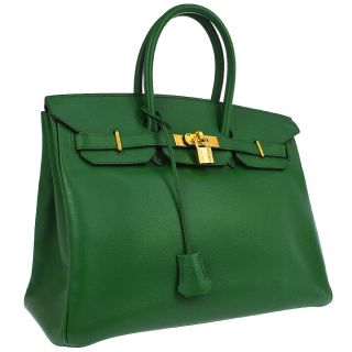 Auth Hermes Birkin 35 Hand Bag Green Veau Epson Leather France Vintage A43549