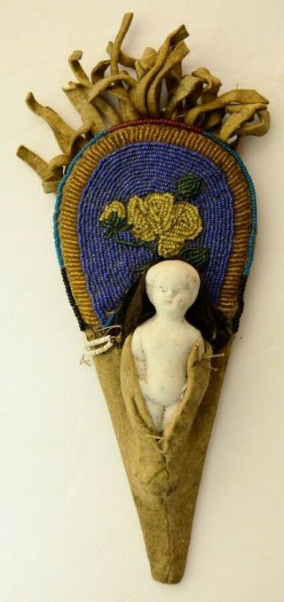 Native American Beaded Papoose Cradle Board Hand Porcelain Doll Vtg Antique