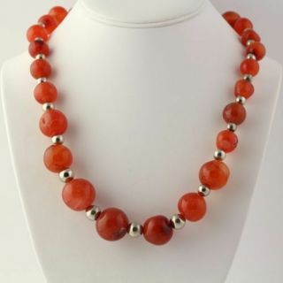 Vintage Carnelian Beaded Necklace 21 3/4 " - Sterling Silver Box Clasp Chunky