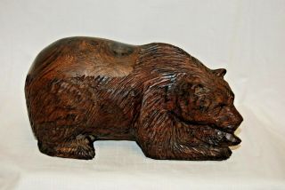 Black Forest Wood Carved Brown Bear Grizzly W/ Fish Carving Figurine Solid