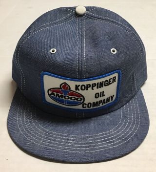 Vtg Koppinger Oil Denim Trucker Hat K Brand Made In The Usa Patch Cap Amoco Gas