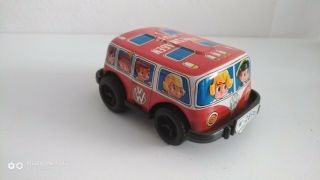 Volkswagen Vw Red Bus Tin Toy Car Japan Vintage Wind - Up 1970 