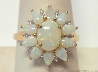 14k Gold Natural Australian Opal Diamond Ladies Ring Vintage Large Size 10 3