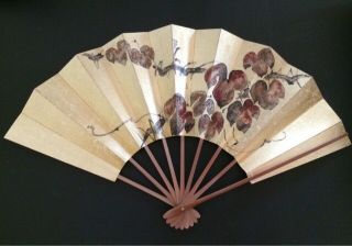 Gold Leaves Vtg Japanese Kimono Odori Dance Hand Held Sensu Folding Fan 01