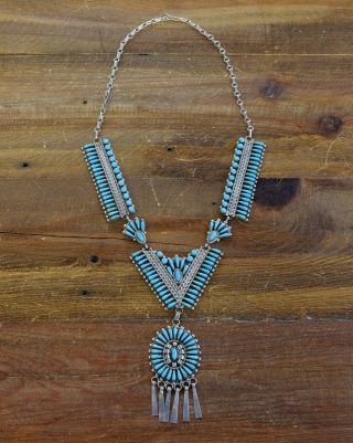 Vintage Navajo Sterling Silver And Turquoise Petit Point Statement Necklace