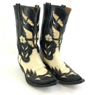 Awesome Vtg Cowboy Boots Mens Size 8 Butterfly Steer Floral Inlay Mexican Made