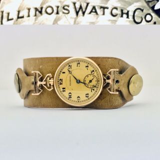 Antique Solid Gold 1914 Illinois W Co Springfield Mechanical Trench Wristwatch