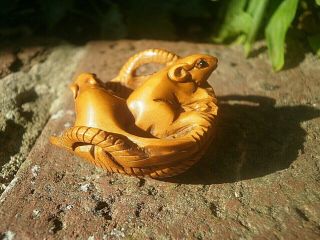 Hand Carved wood netsuke mice or rats in a basket boxwood collectable figure.  2 3