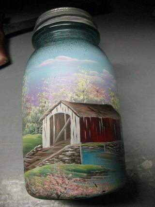 Ball Perfect Mason Jar W/ Painted Bridge Signed Edna Nicely Done