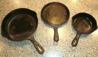 3 Antique Griswold Cast Iron Frying Pans,  Skillet 2,  6,  Snack Skillet