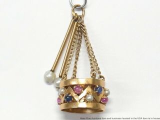 Vintage Large 14k Gold Ruby Sapphire Pearl Charm Marching Drum Drummer 12grams 2