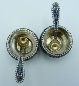 2 Imperial Russian Silver & Enamel Salt Cellars & Spoons 1896 CK (Two Pair Set) 10