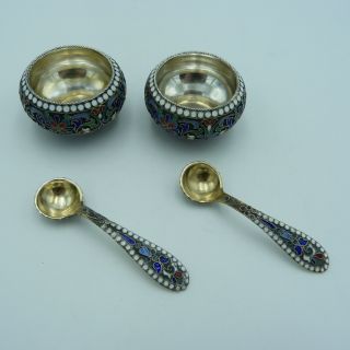 2 Imperial Russian Silver & Enamel Salt Cellars & Spoons 1896 Ck (two Pair Set)