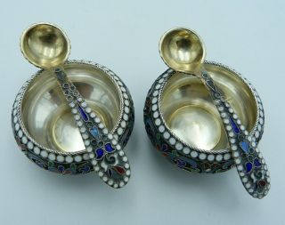 2 Imperial Russian Silver & Enamel Salt Cellars & Spoons 1896 CK (Two Pair Set) 2