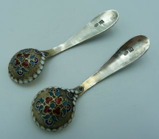 2 Imperial Russian Silver & Enamel Salt Cellars & Spoons 1896 CK (Two Pair Set) 4