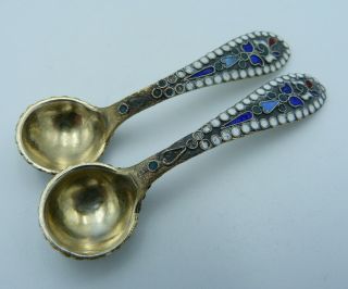 2 Imperial Russian Silver & Enamel Salt Cellars & Spoons 1896 CK (Two Pair Set) 5