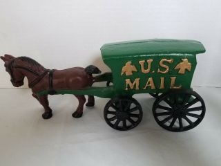 Cast Iron Horse Drawn Us Mail Green Wagon Toy No Driver 10.  5 "