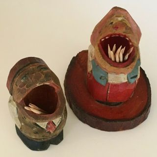 Vintage Big Mouth Man & Woman Wood Carved/painted Toothpick/match Holders