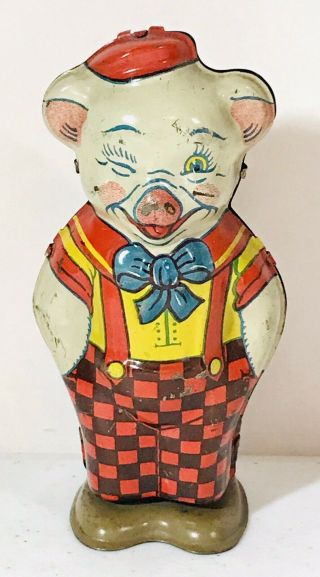 Vintage Wind Up Toy Pig 1930s J Chein & Co Tin Litho Winking Waddles Cute