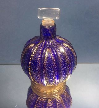 Vintage Cobalt Blue Gold Flecked Hand Blown Ribbed Perfume Bottle W/ Square